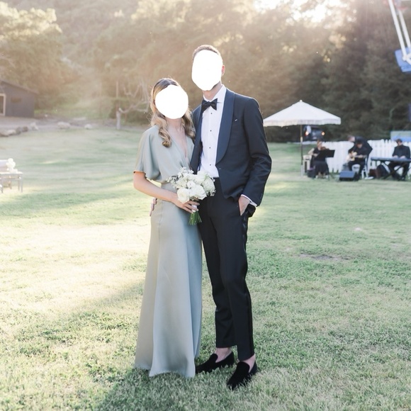 BHLDN Leila Deep-V Flutter-Sleeve Satin A-Line Gown - Picture 1 of 6